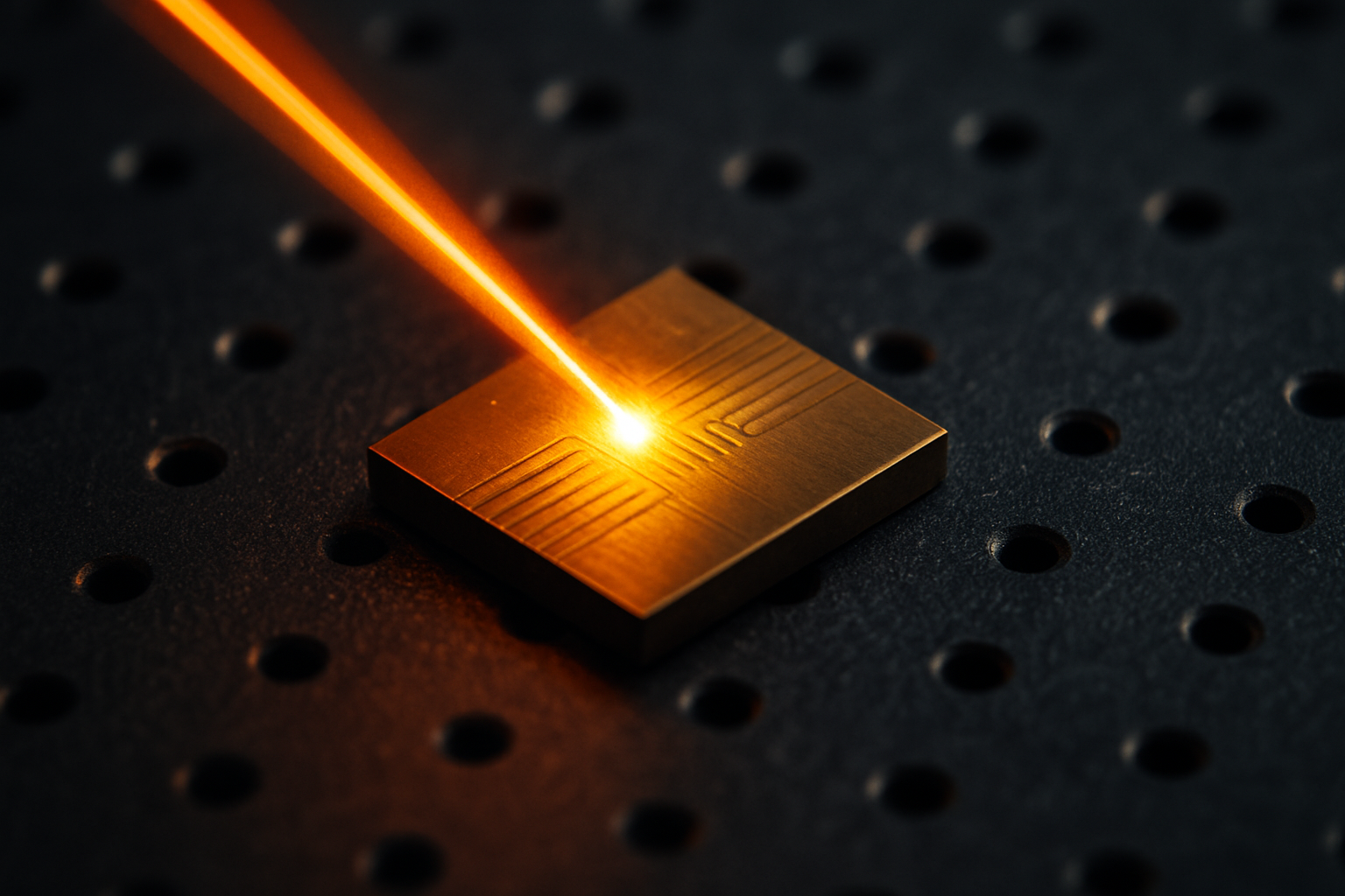 Close-up image of a laser accelerator chip hit by an orange laser beam on a dark perforated surface.