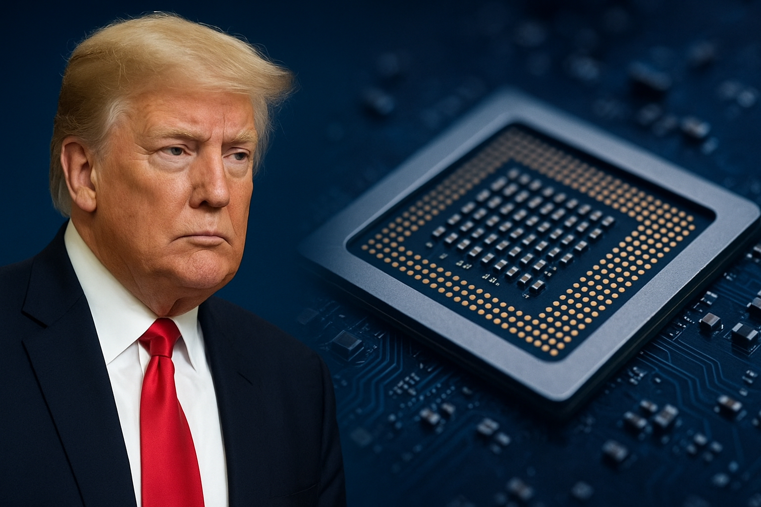 Former President Donald Trump beside a microprocessor, symbolizing the Trump chip revenue deal and its impact on global technology trade.