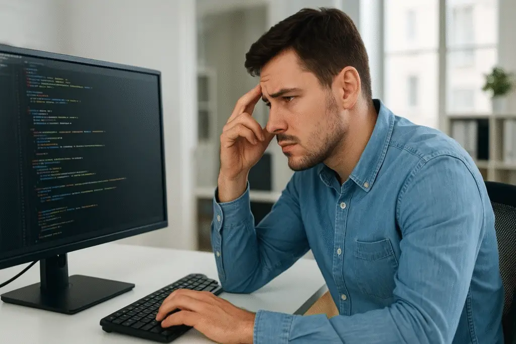 A young developer looking stressed at his computer screen with code, representing the challenges AI creates for entry-level coders.