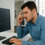 A young developer looking stressed at his computer screen with code, representing the challenges AI creates for entry-level coders.