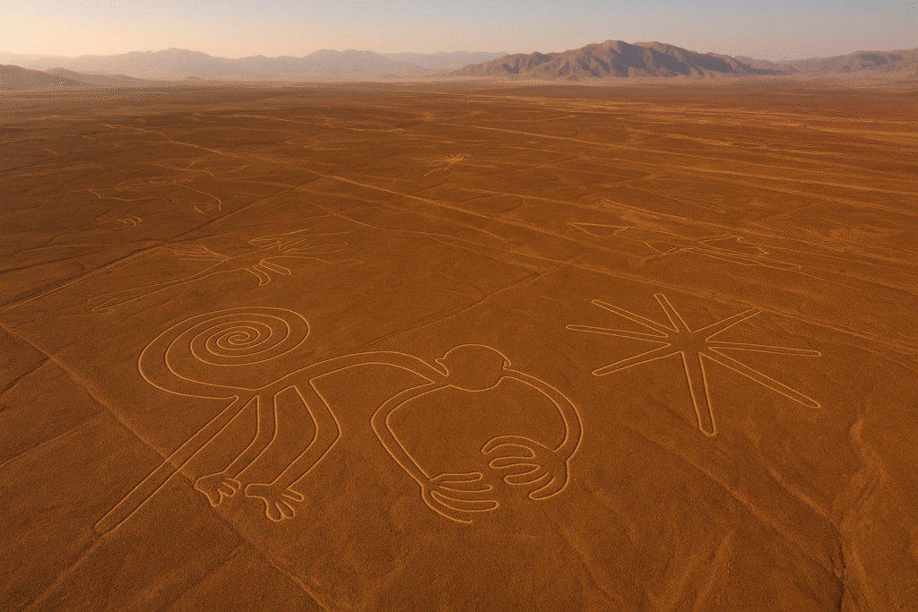 Aerial view of newly discovered Nazca Lines in Peru’s desert, revealed using artificial intelligence in archaeology.