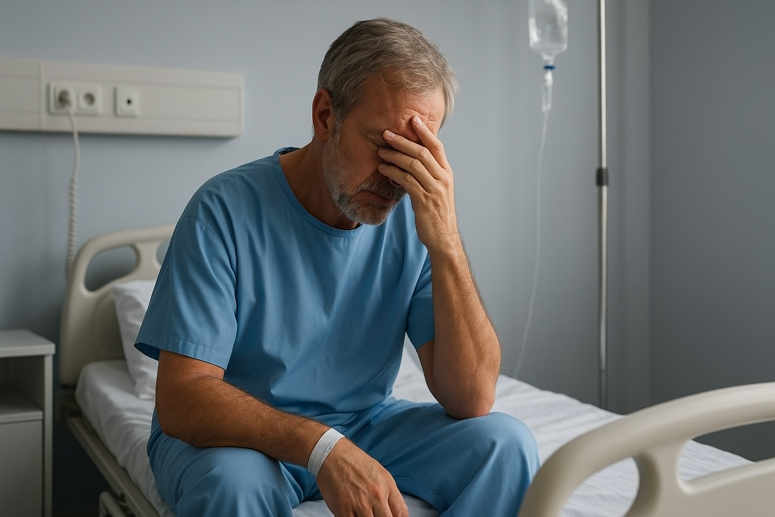 Older man in a hospital gown sitting on bed with hand on face, showing distress from Sodium Bromide Poisoning.