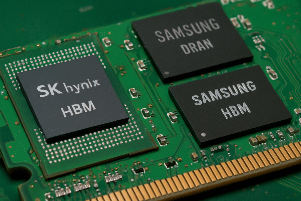 Close-up view of SK Hynix and Samsung High-Bandwidth Memory chips on a green PCB.