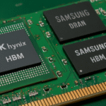 Close-up view of SK Hynix and Samsung High-Bandwidth Memory chips on a green PCB.