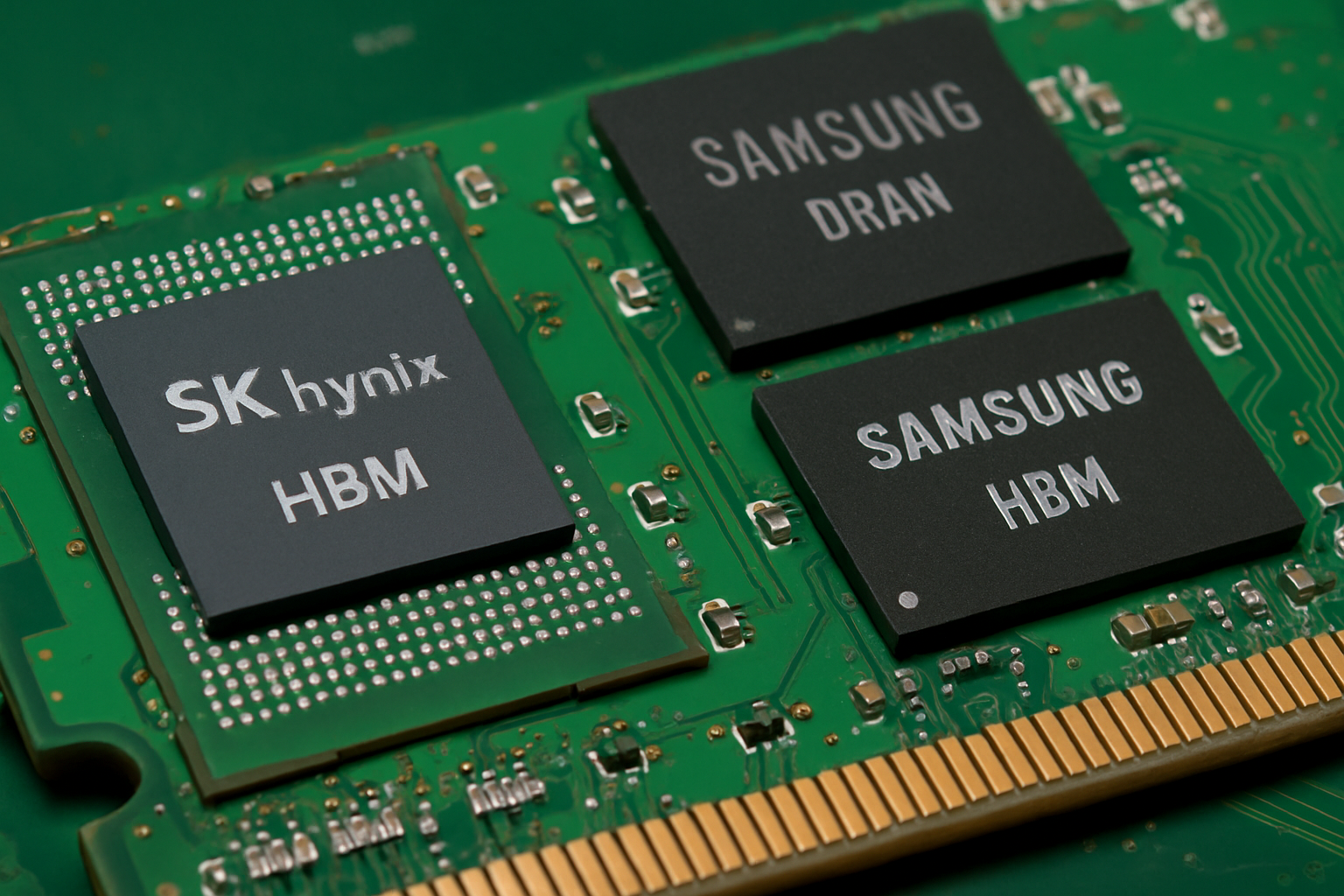 Close-up view of SK Hynix and Samsung High-Bandwidth Memory chips on a green PCB.