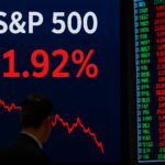 A stock trader watches market screens showing the S&P 500 ends lower with sharp declines, led by Dell and Nvidia drops.