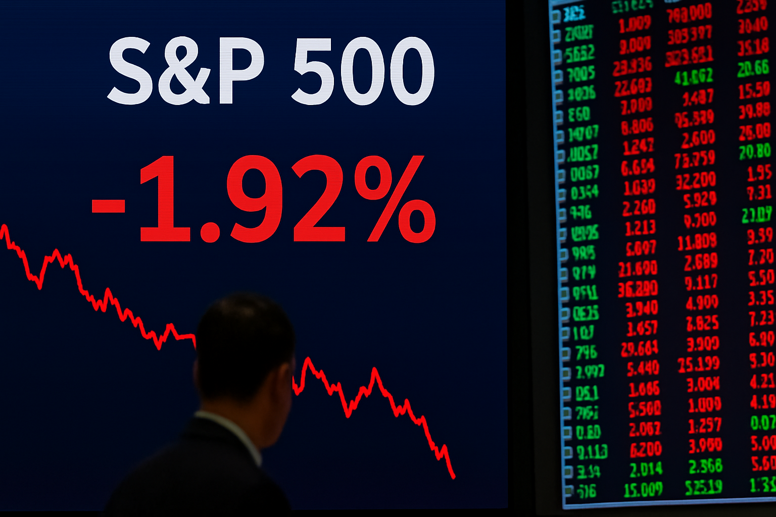 A stock trader watches market screens showing the S&P 500 ends lower with sharp declines, led by Dell and Nvidia drops.