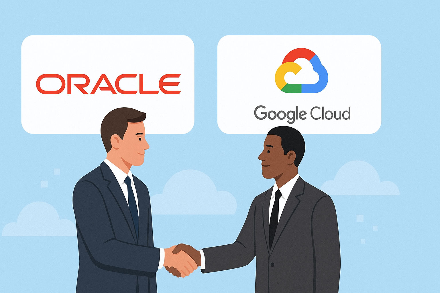 Illustration of Oracle and Google Cloud executives shaking hands, symbolizing the Oracle Google Cloud AI deal partnership.