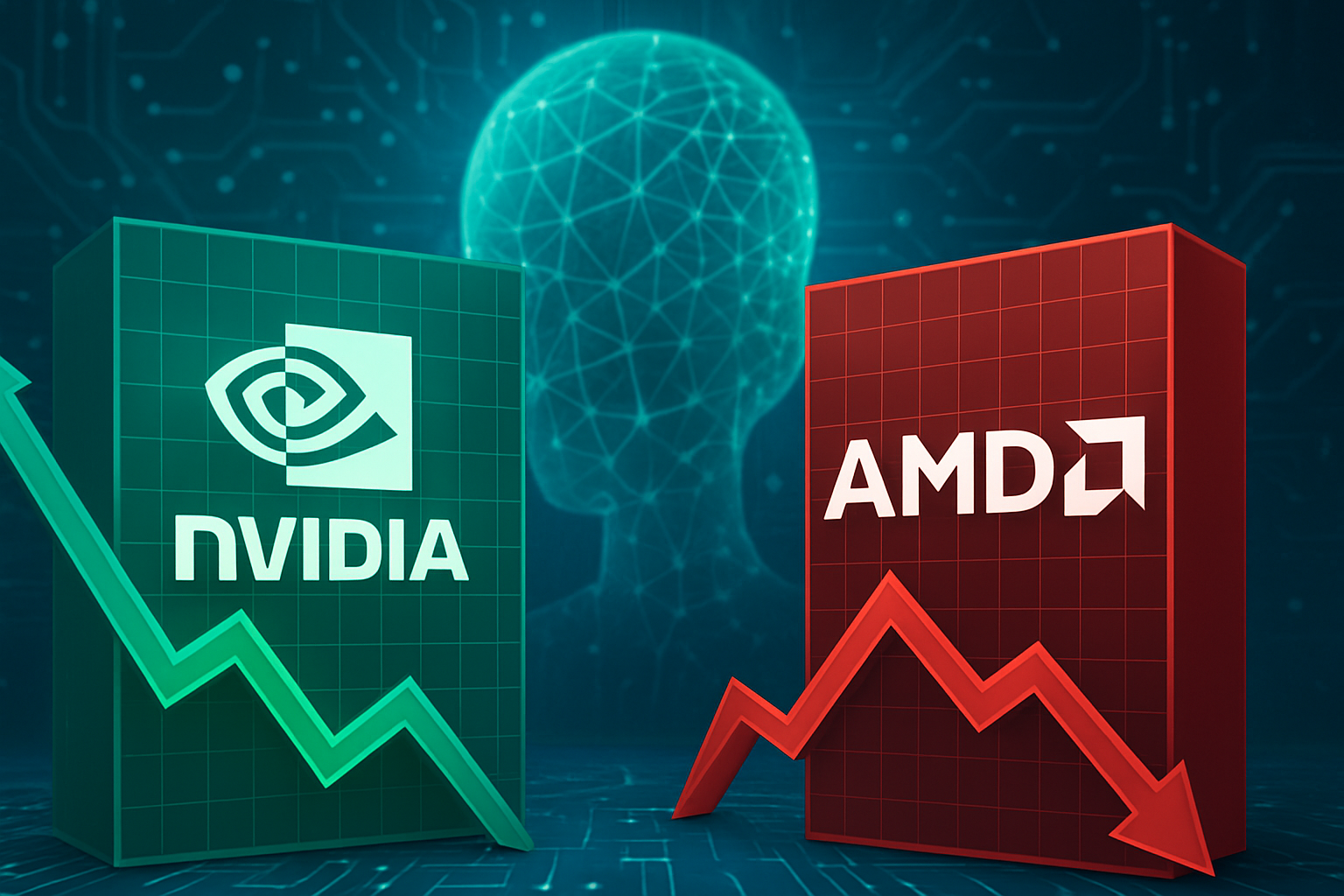 Nvidia and AMD stock performance comparison with AI-themed background, symbolizing shifts in AI chip stocks market trends.