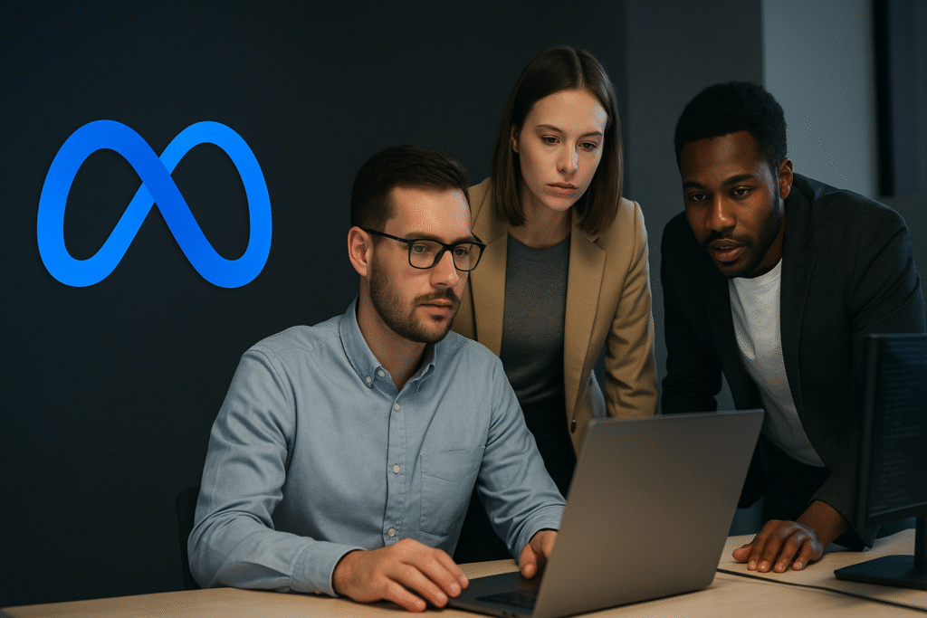 Professional Meta AI research team working on the development of Llama 4.X model with Meta logo in background
