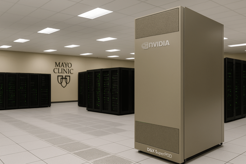 Mayo Clinic data center featuring NVIDIA SuperPOD AI supercomputer for advanced medical diagnostics and personalized medicine.