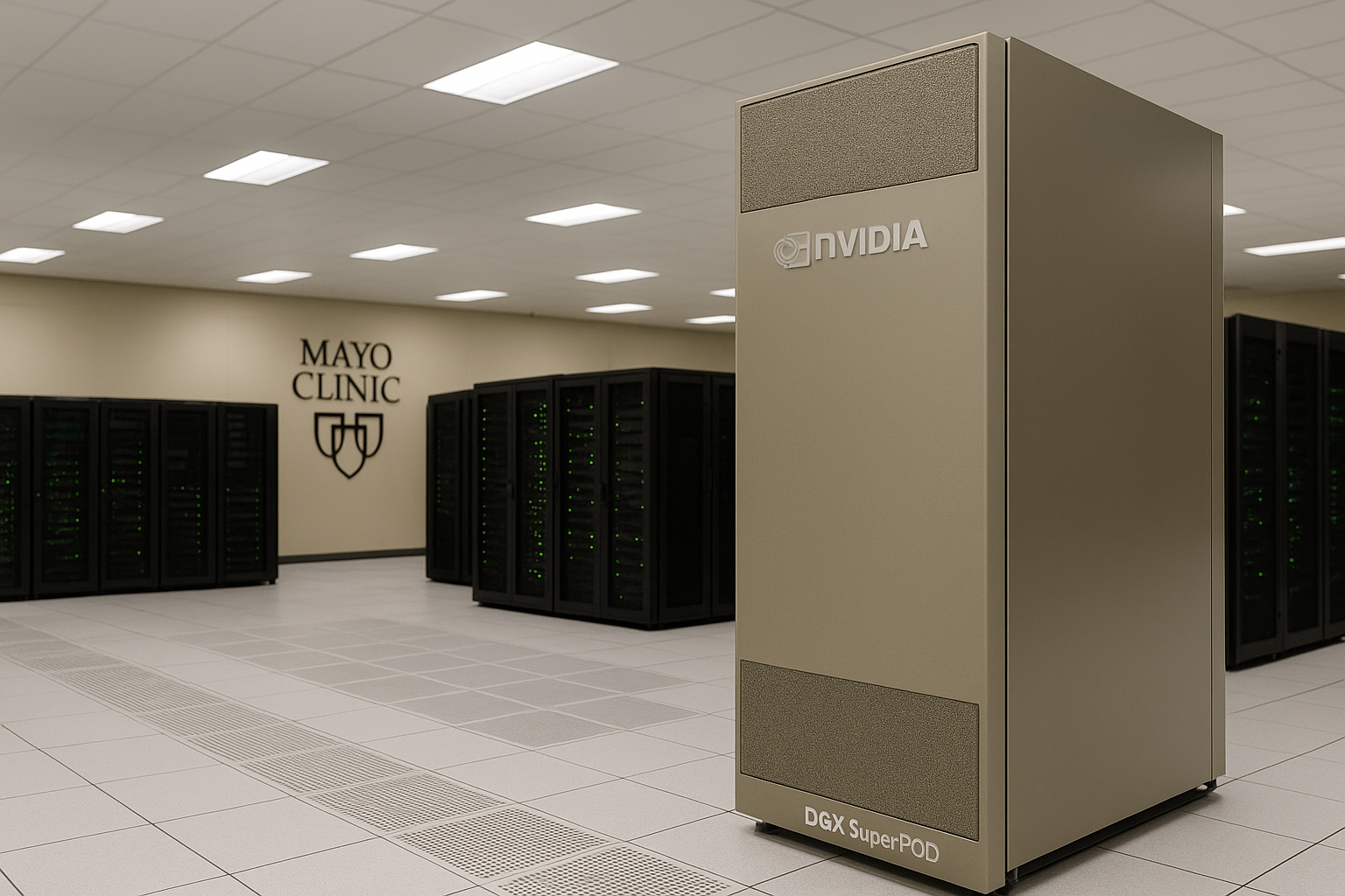Mayo Clinic data center featuring NVIDIA SuperPOD AI supercomputer for advanced medical diagnostics and personalized medicine.
