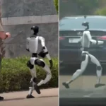 A futuristic running robot in Dubai crossing a city street while amazed bystanders look on.