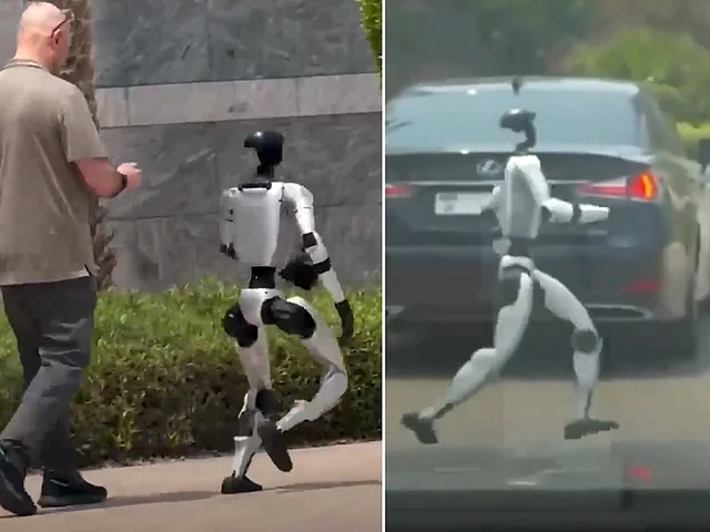 A futuristic running robot in Dubai crossing a city street while amazed bystanders look on.