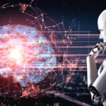 A humanoid robot analyzing a digital brain made of neural networks, symbolizing Meta’s leadership in the AI race.