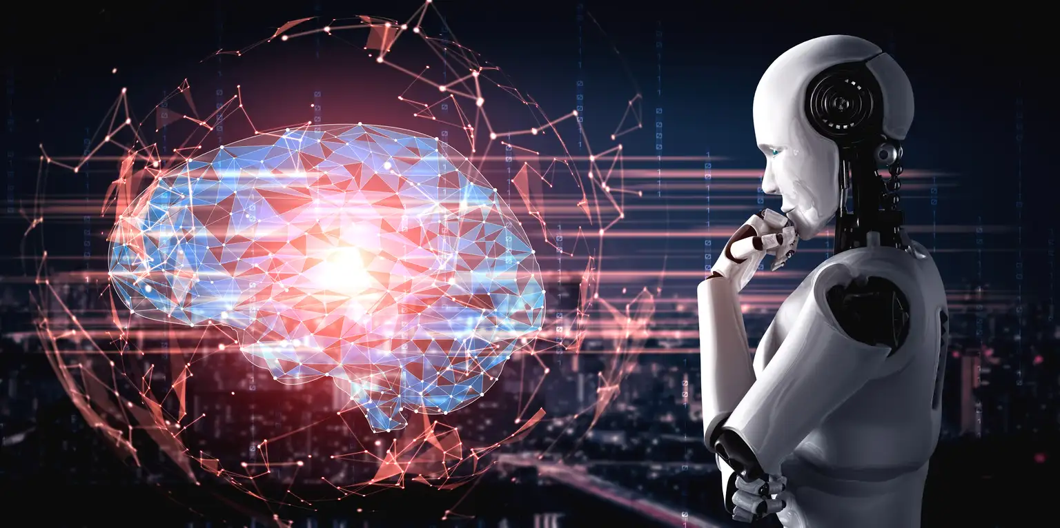 A humanoid robot analyzing a digital brain made of neural networks, symbolizing Meta’s leadership in the AI race.