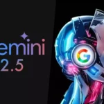 A humanoid robot interacting with colorful abstract shapes representing parallel thinking and advanced AI reasoning, symbolizing the capabilities of Gemini 2.5 Deep Think.