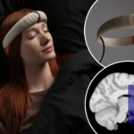 A woman sleeping with a futuristic dream recording device on her head while holographic dream visuals float above — representing a device to record your dreams and watch them in HD.