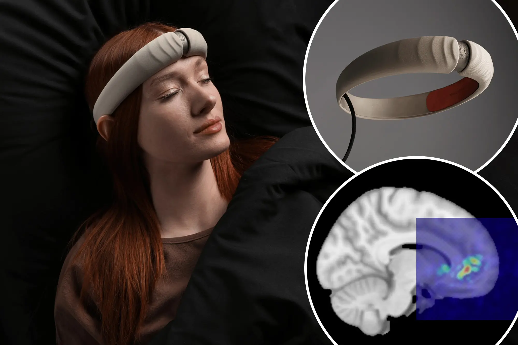 A woman sleeping with a futuristic dream recording device on her head while holographic dream visuals float above — representing a device to record your dreams and watch them in HD.