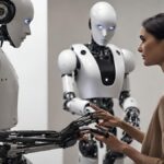 A humanoid robot and a researcher shaking hands in a European robotics lab, symbolizing collaboration and innovation in humanoid robots.