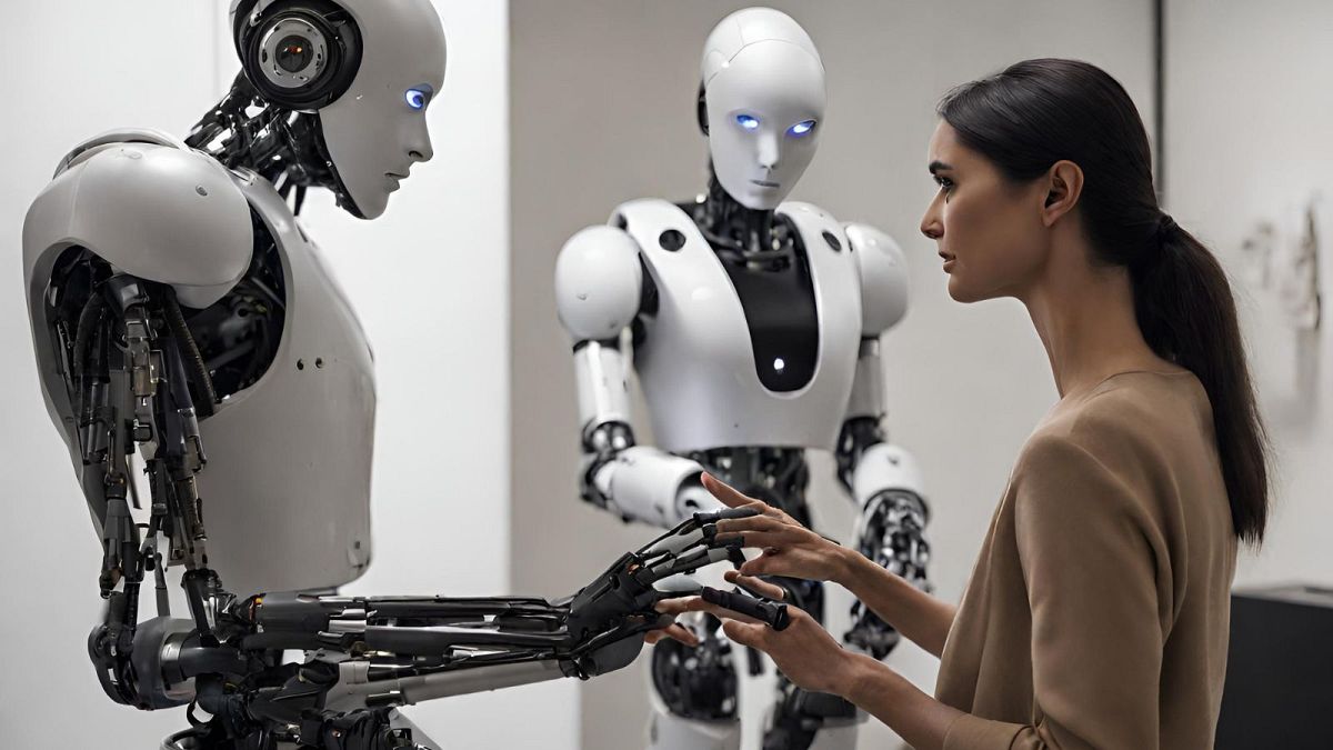 A humanoid robot and a researcher shaking hands in a European robotics lab, symbolizing collaboration and innovation in humanoid robots.