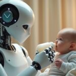 A humanoid robot holding a small robot in a baby carrier to train it through imitation, representing the concept of how to train your robot using physical interaction.