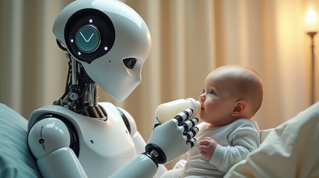 A humanoid robot holding a small robot in a baby carrier to train it through imitation, representing the concept of how to train your robot using physical interaction.