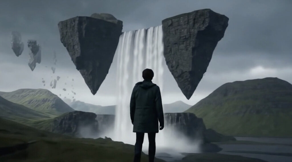 A person stands before a surreal AI-generated world with floating rocks and a massive waterfall – showcasing the capabilities of Google’s new AI model Genie 3.