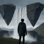 A person stands before a surreal AI-generated world with floating rocks and a massive waterfall – showcasing the capabilities of Google’s new AI model Genie 3.