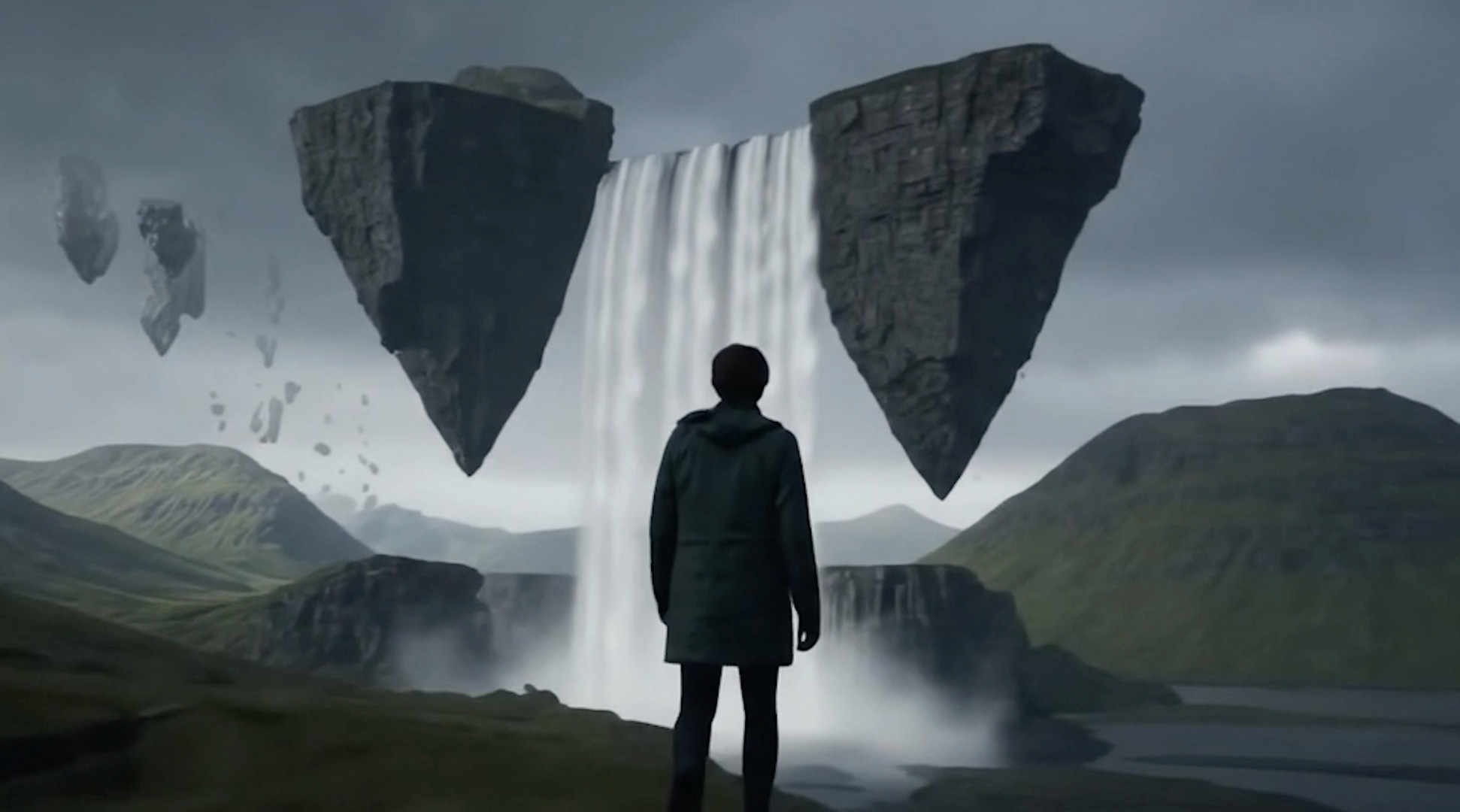 A person stands before a surreal AI-generated world with floating rocks and a massive waterfall – showcasing the capabilities of Google’s new AI model Genie 3.