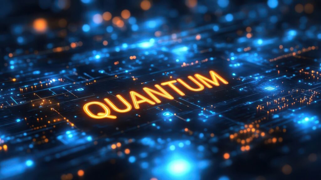 Futuristic digital illustration representing quantum computing vs AI future 2033 with glowing circuits and the word QUANTUM"