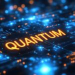 Futuristic digital illustration representing quantum computing vs AI future 2033 with glowing circuits and the word QUANTUM"