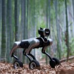 AI Robot Dog exploring a bamboo forest on four wheels