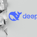 A futuristic humanoid robot pointing toward the DeepSeek logo, representing the rise of DeepSeek in the open-source AI revolution.