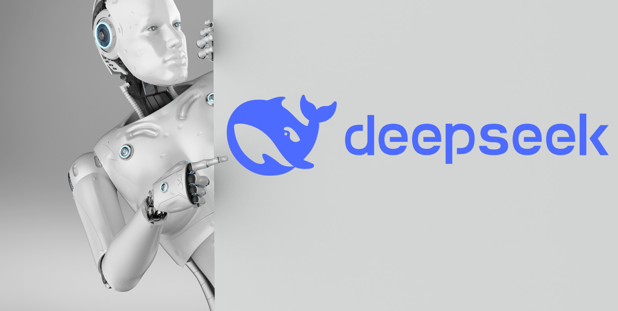A futuristic humanoid robot pointing toward the DeepSeek logo, representing the rise of DeepSeek in the open-source AI revolution.