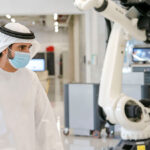 Emirati leader observing advanced robotics at Dubai robot demonstration hosted by Dubai Future Labs