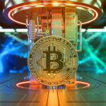 Quantum computing and Bitcoin security concept showing a quantum computer interacting with a Bitcoin symbol