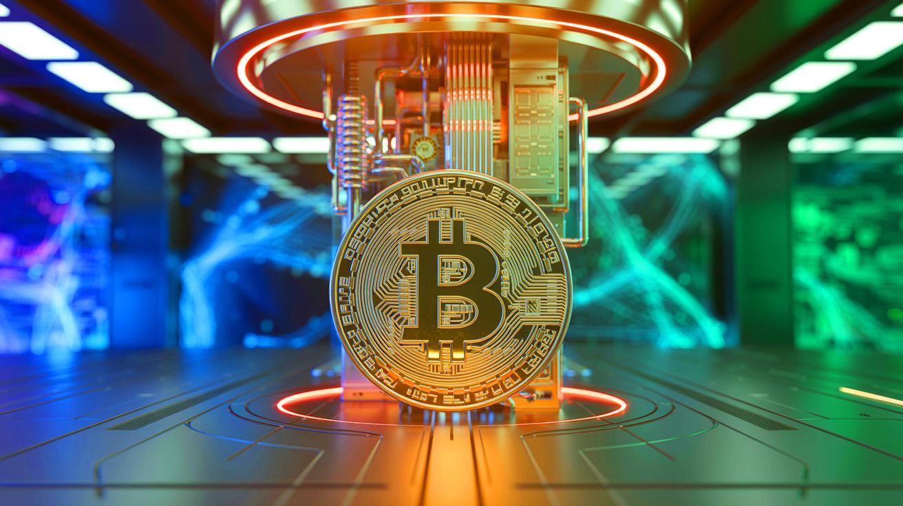 Quantum computing and Bitcoin security concept showing a quantum computer interacting with a Bitcoin symbol