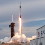 SpaceX Falcon 9 rocket launching Project Kuiper satellites during SpaceX 100th launch 2025 mission from Florida