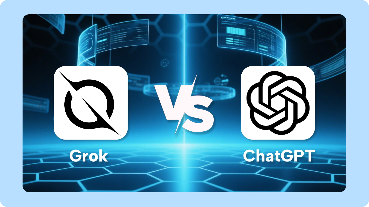 Professional digital comparison banner featuring the text “ChatGPT 5 vs Grok 4” — representing the AI rivalry in 2025.