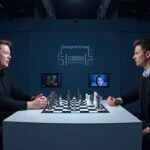 chessboard in a dark room with digital displays showing chess figures and AI-themed visuals, representing the AI chess tournament between OpenAI and Grok.