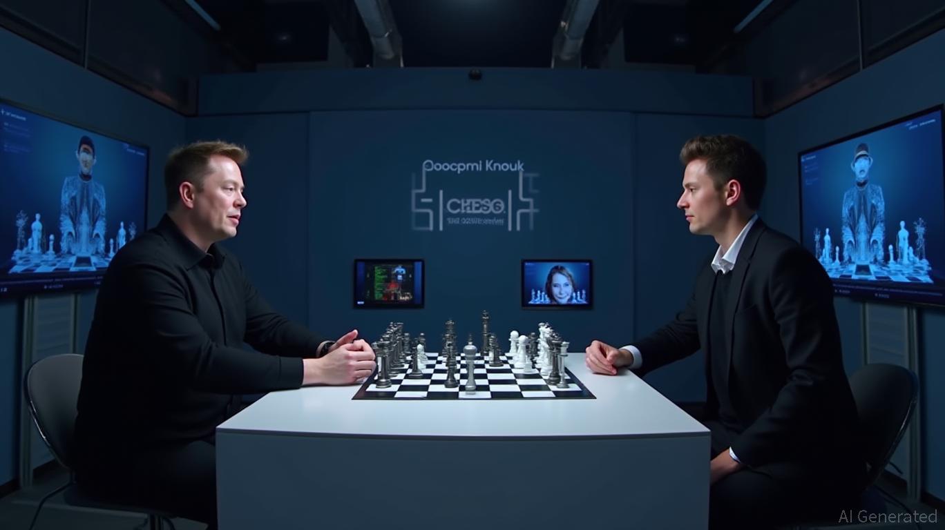 chessboard in a dark room with digital displays showing chess figures and AI-themed visuals, representing the AI chess tournament between OpenAI and Grok.