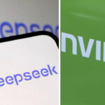 DeepSeek AI shock represented by split image showing the DeepSeek logo on a smartphone and the Nvidia logo on a green background, symbolizing the market impact.