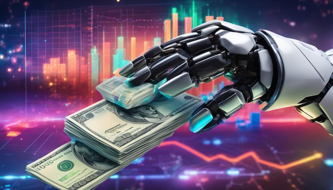 Futuristic robotic hand holding stacks of US dollar bills with glowing financial charts, symbolizing AI wealth creation in technology and investment.