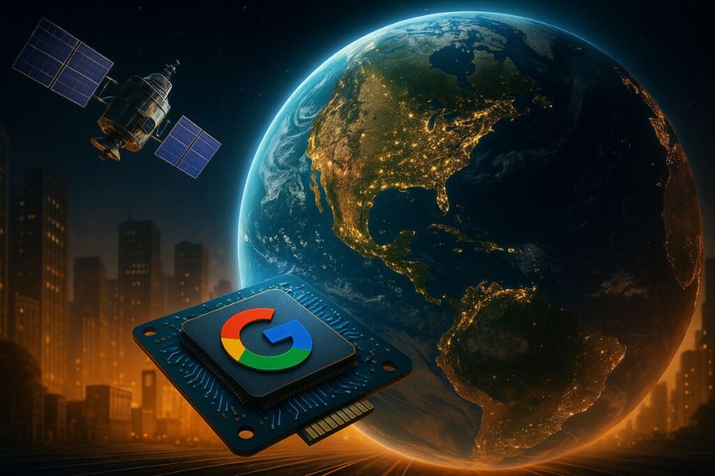 A satellite orbiting Earth with a Google-branded microchip floating nearby, symbolizing Google’s virtual satellite AI technology mapping the planet in real time.