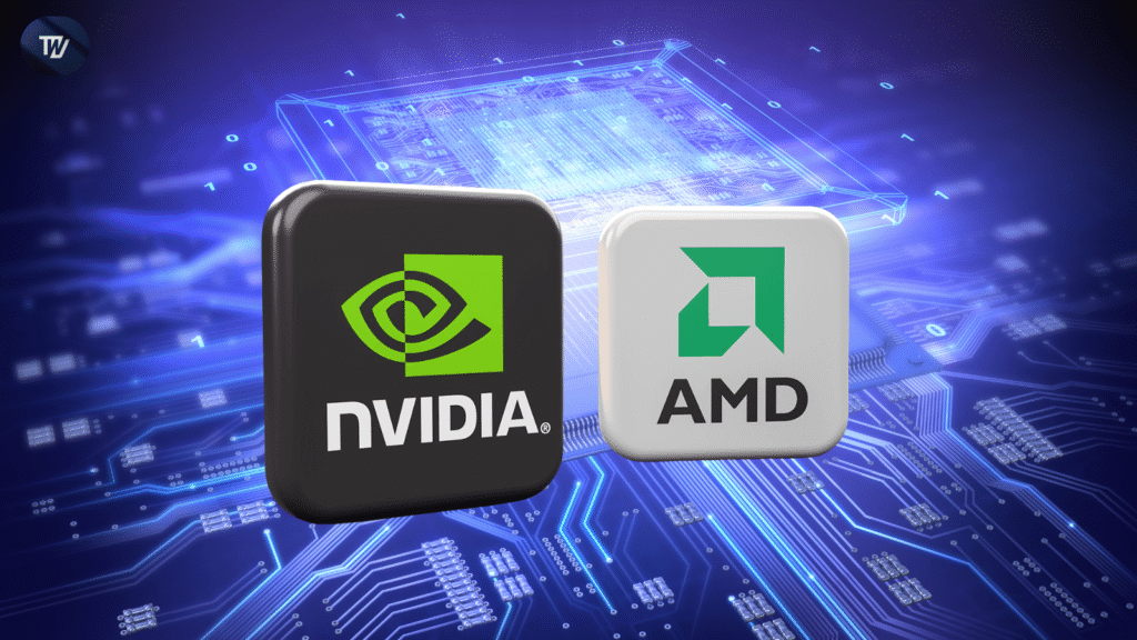 Nvidia and AMD headquarters with AI chip graphics, symbolizing the new China AI chip fee agreement with the U.S. government.