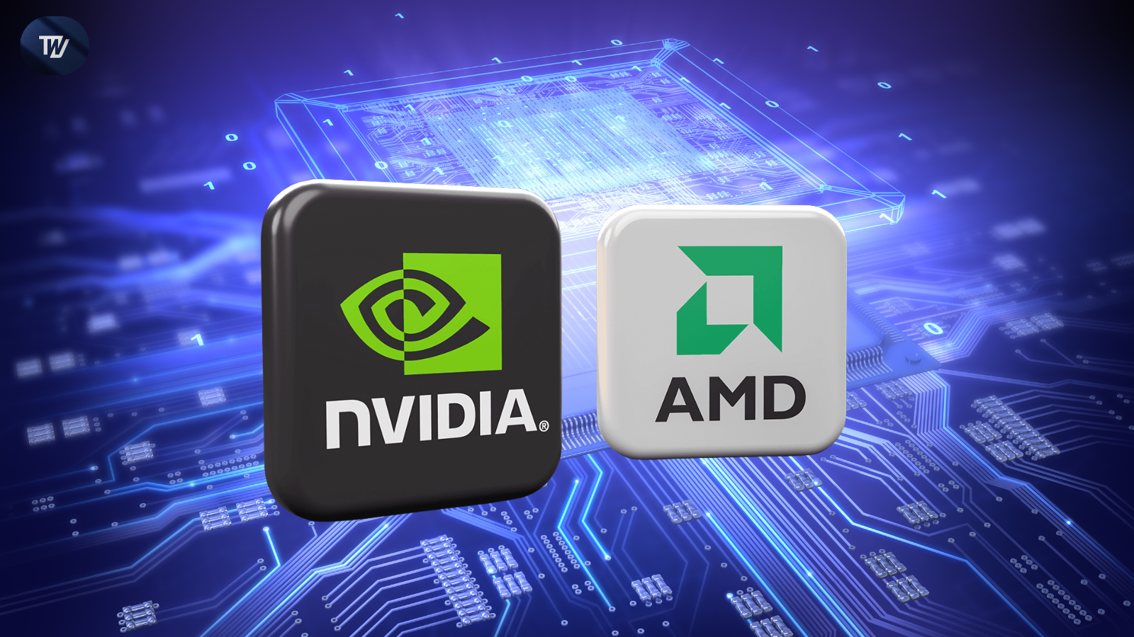 Nvidia and AMD headquarters with AI chip graphics, symbolizing the new China AI chip fee agreement with the U.S. government.