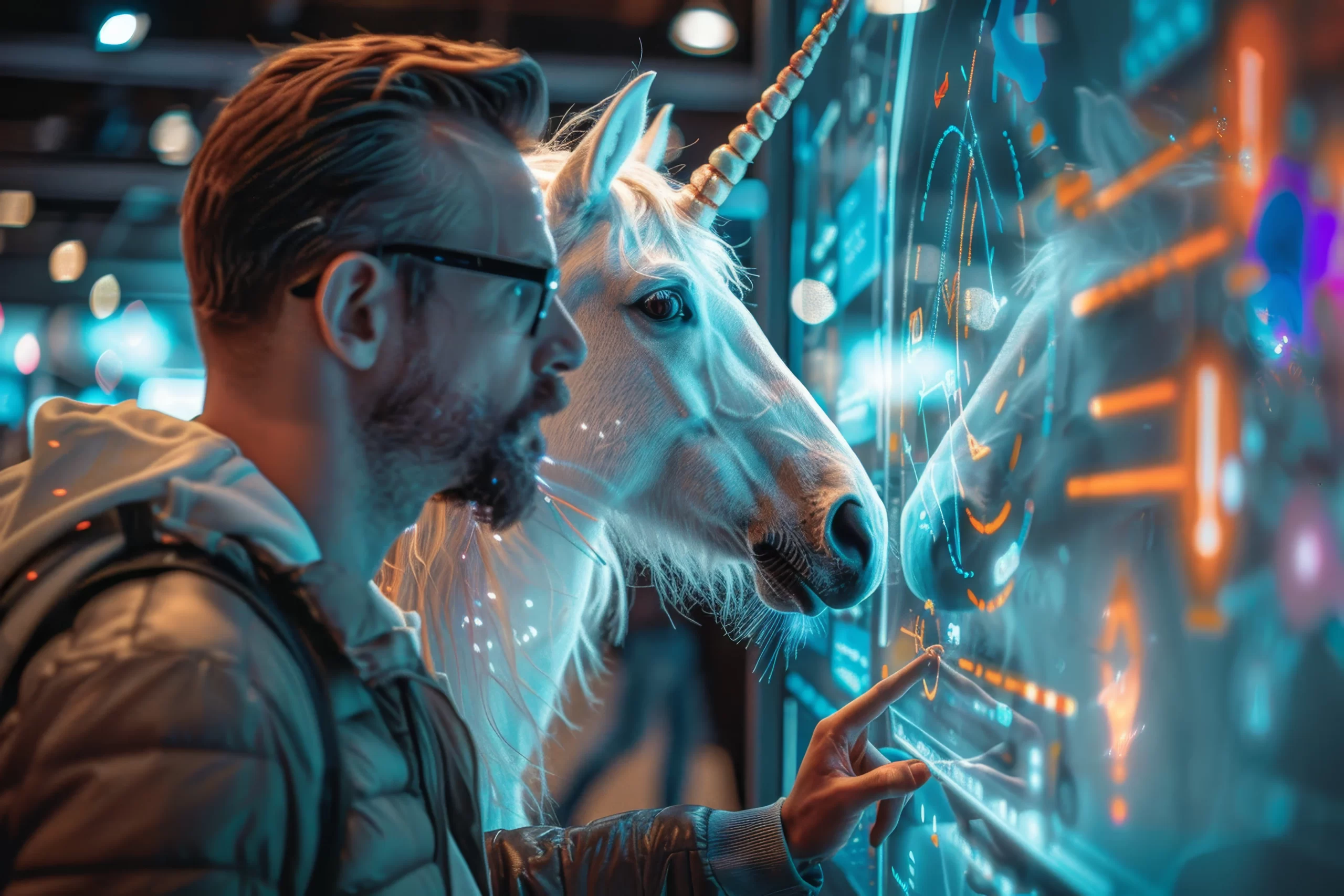 symbolic unicorn beside her, representing an AI startup success story and the journey to becoming a one-person unicorn.