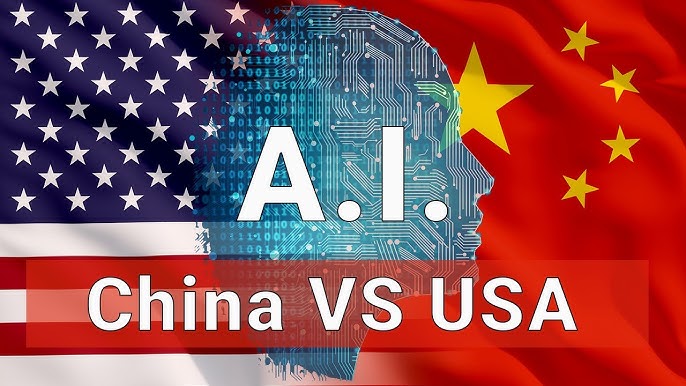 AI Arms Race between China and USA with digital human profile and national flags