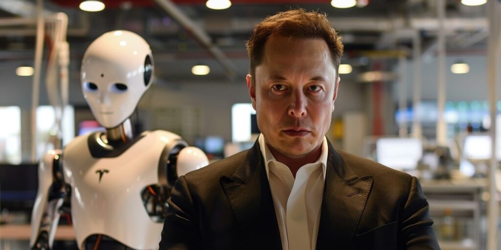 Elon Musk with a humanoid robot in a tech lab as xAI sues Apple over App Store rankings.